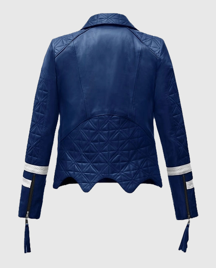 Blue Leather Striped Moto Jacket