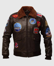 Brown Leather Aviator Jacket with Patches