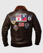 Brown Leather Aviator Jacket with Patches Back View