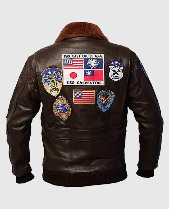 Brown Leather Aviator Jacket with Patches Back View