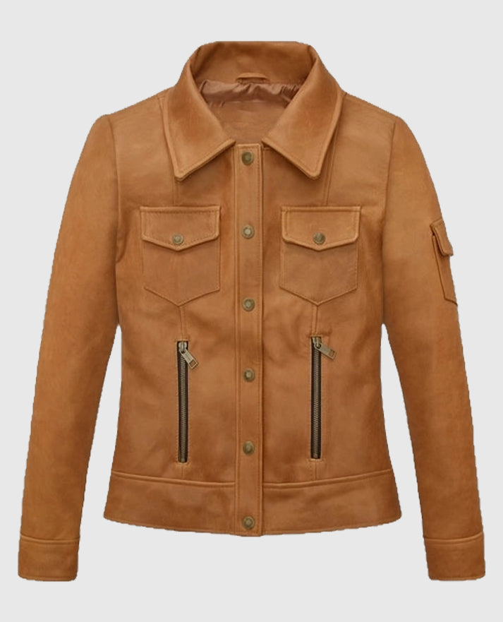 Canberra Tan Gigi Hadid Leather Jacket