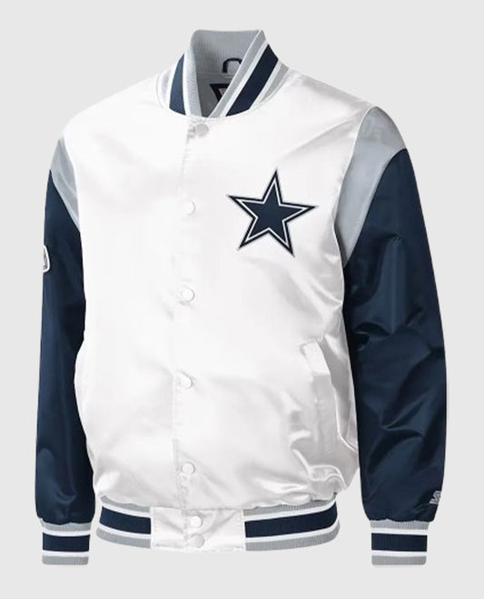 Dallas Cowboys Warm-Up Pitch White and Blue Varsity Satin Jacket