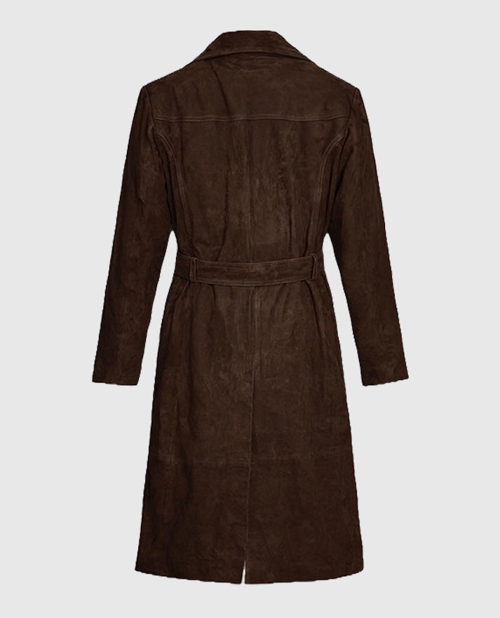 Dark Brown Suede Alpine Leather Long Coat for Women