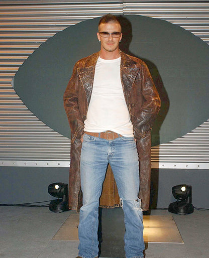 David Beckham Leather Long Brown Coat