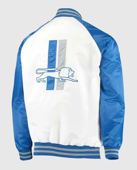 Detroit Lions Clean Up Edition White & Blue Throwback Satin Varsity Jacket