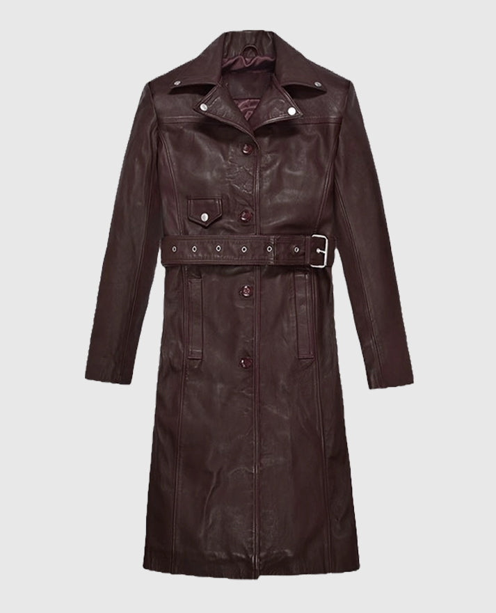 Eiza Gonzalez Leather  Maroon Trench Coat