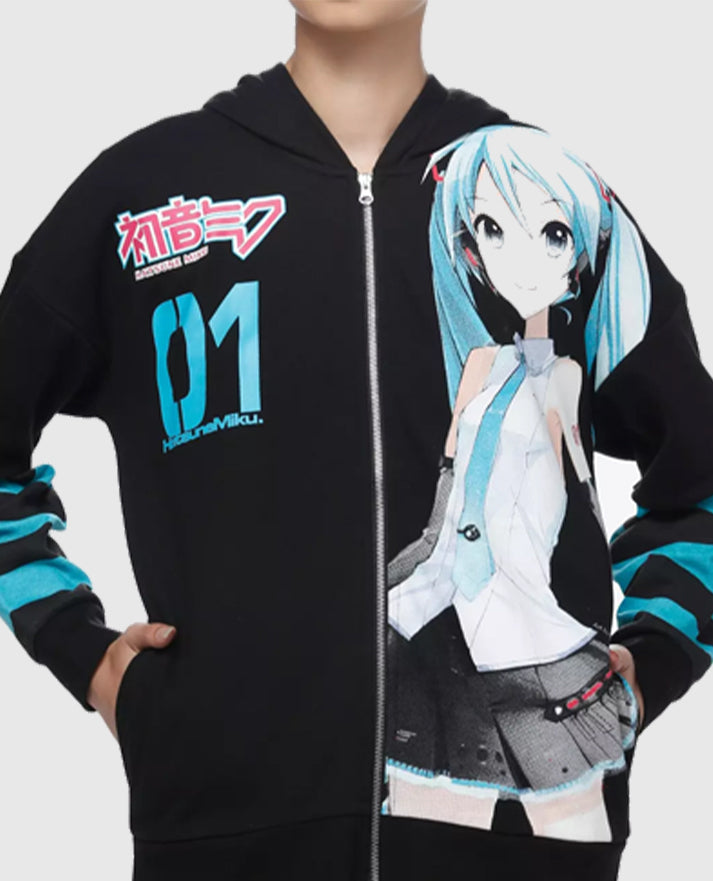 Hatsune Miku Jumbo Print Stripe Girls Black Hoodie
