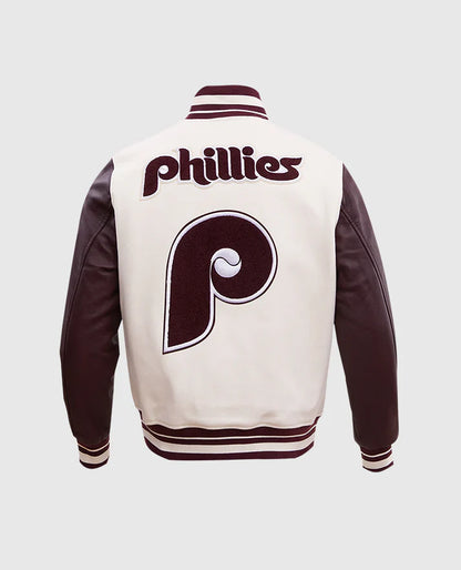 MLB Philadelphia Phillies Men's Rib Wool Brown n White Varsity Jacket