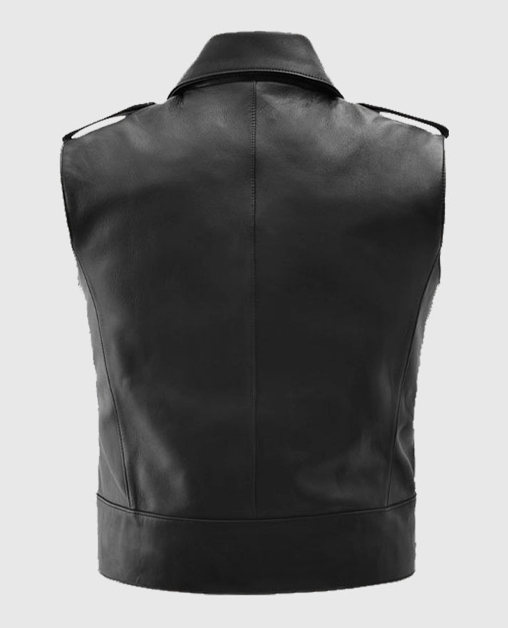 Men's Biker Leather Black Vest with Buckled Strap