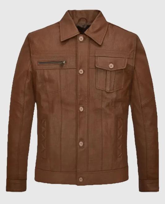 Men's Brown Leather Trucker Jacket