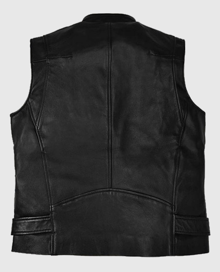 Mens Black Belted Biker Black Vest with White Highlights