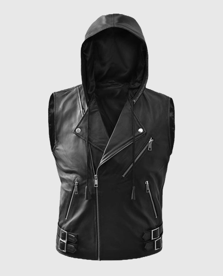 Black Biker Style Leather Hooded Vest