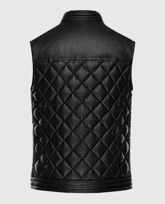 Mens Black Leather Vest with Quilted Design