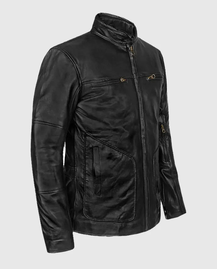 Mens CafeRacer Black Leather Jacket