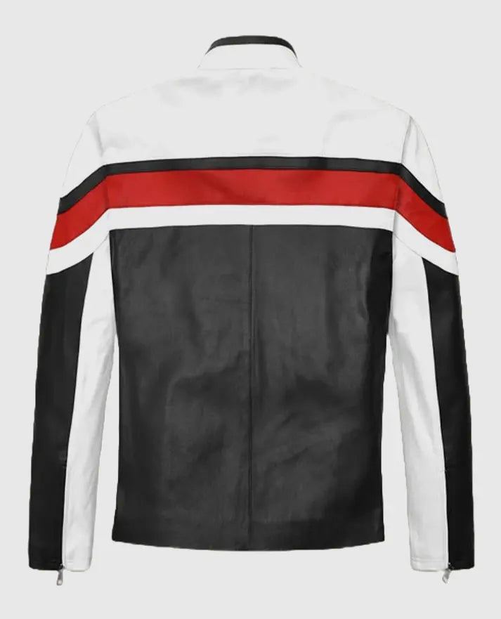 Men's Striped Rocker White n Black Leather Jacket