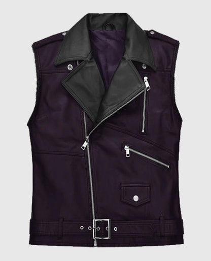 Men's Two-Tone Purple and Black Biker Leather Vest