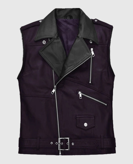 Men's Two-Tone Purple and Black Biker Leather Vest