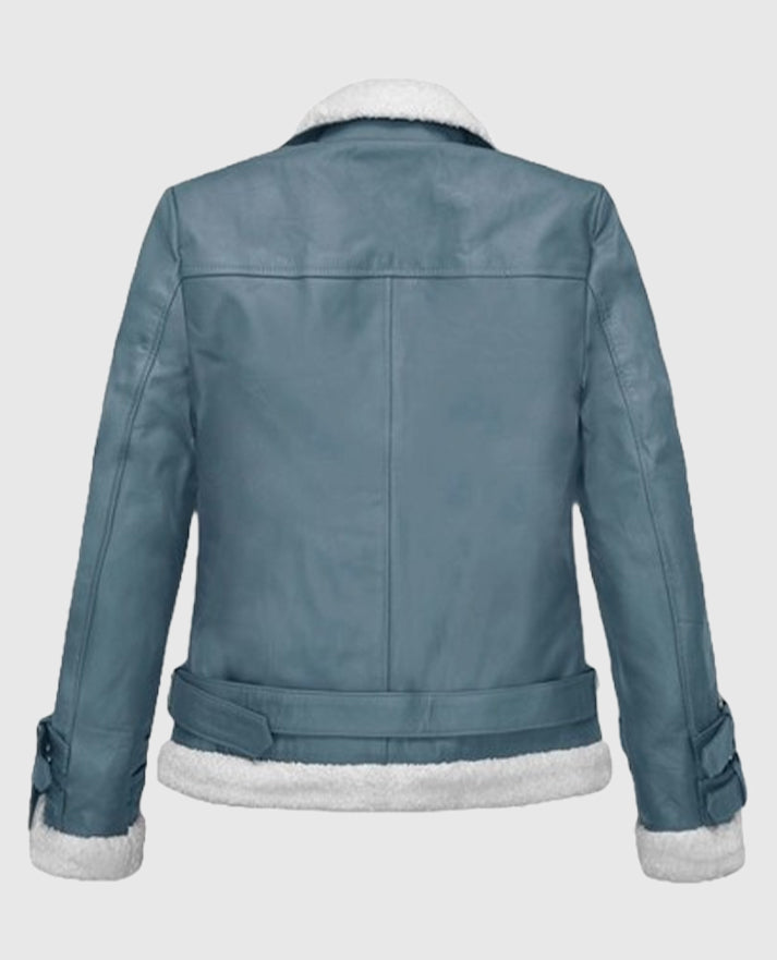 Rita Ora Bon Blue Shearling Biker Blue Leather Jacket