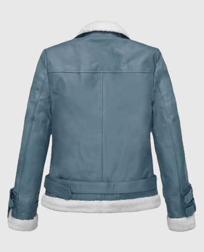 Rita Ora Bon Blue Shearling Biker Blue Leather Jacket