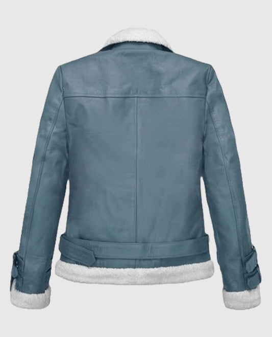 Rita Ora Bon Blue Shearling Biker Blue Leather Jacket