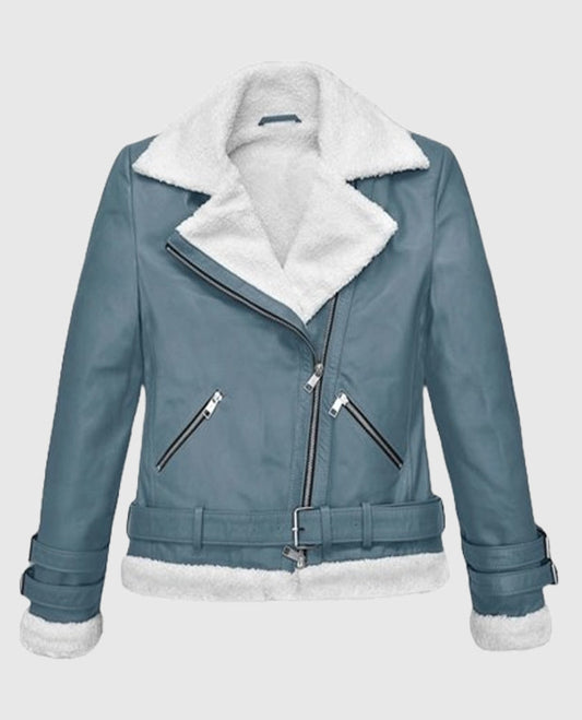 Rita Ora Bon Blue Shearling Biker Leather Jacket