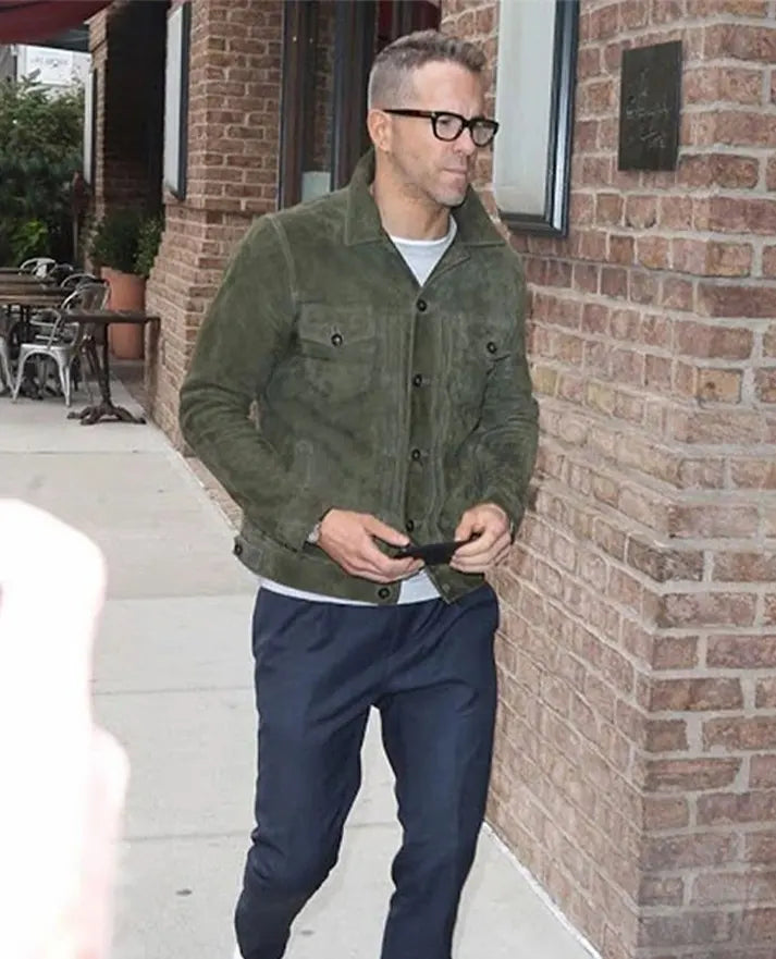 Ryan Reynolds green leather trucker jacket