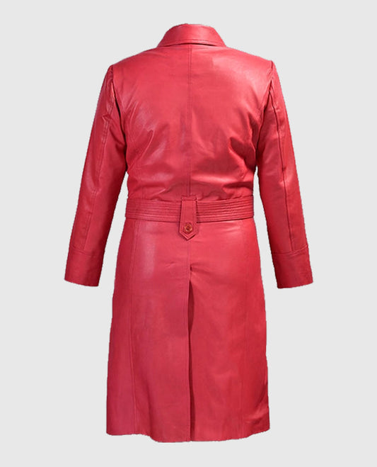 Soft Raspberry Red Rita Ora Leather Long Coat.
