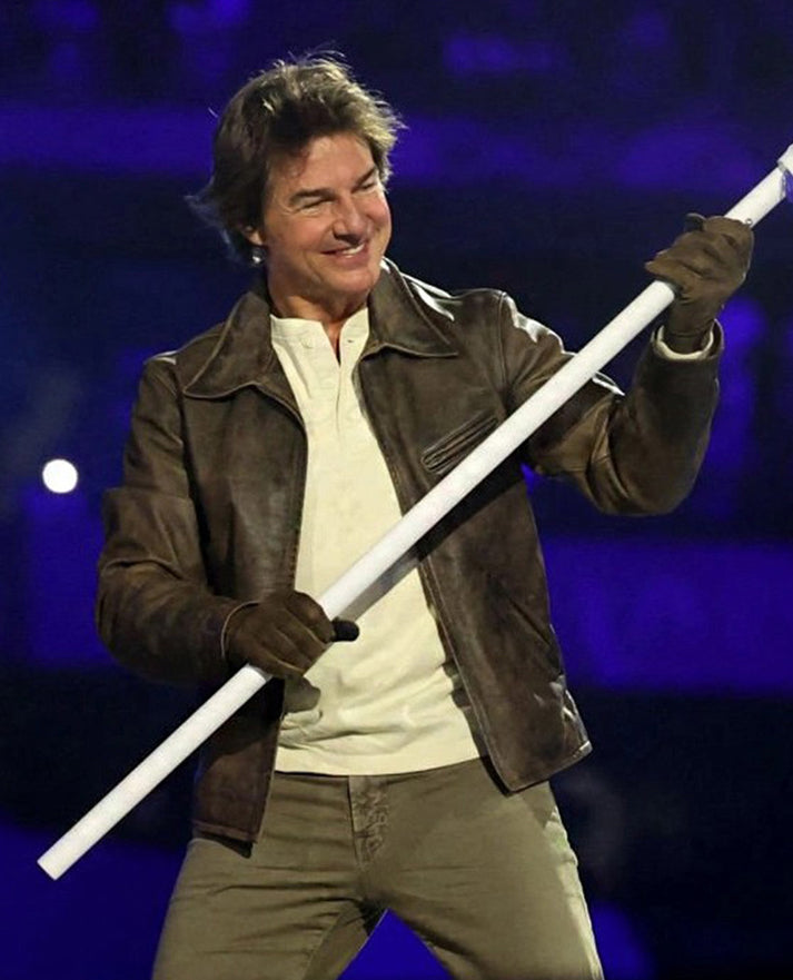 Tom Cruise Paris Olympics 2024 Brown Leather Jacket