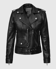 Women's Black Belted Leather Biker Jacket