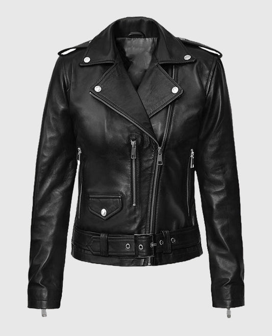 Women's Black Belted Leather Biker Jacket