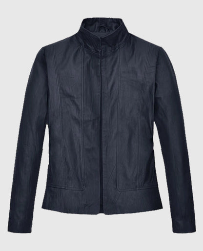 Women's Stand-Up Collar Black Leather Jacket