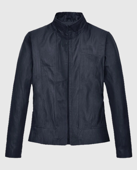 Women's Stand-Up Collar Black Leather Jacket