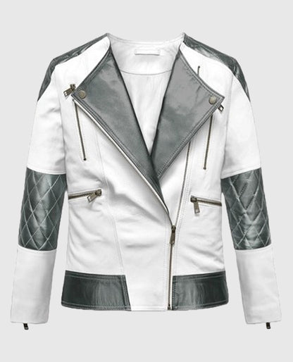 Women’s White & Silver Quilted Biker Jacket