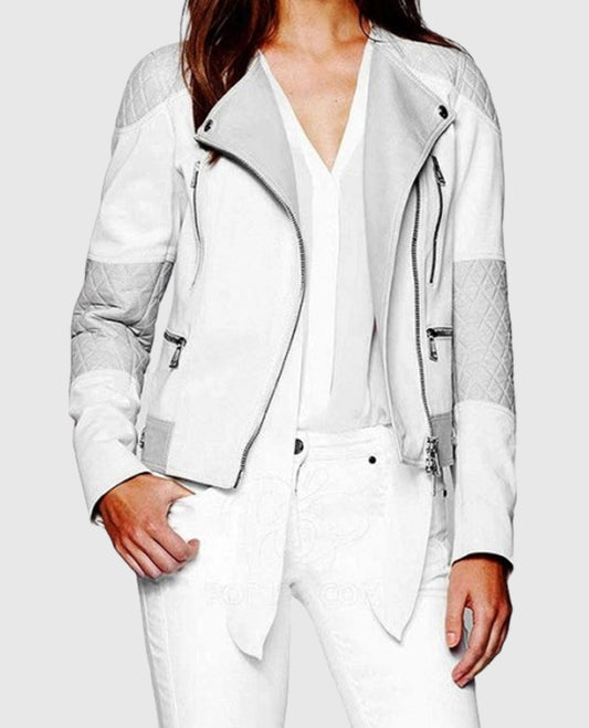 Women’s White & Silver Quilted Moto Jacket