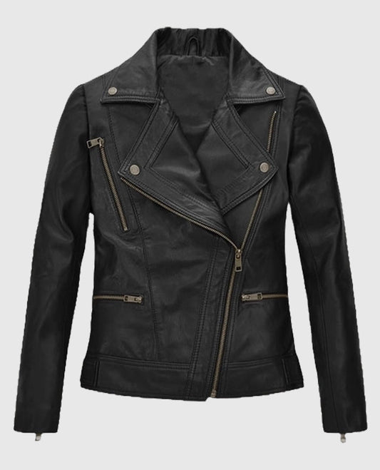 Women's Black Asymmetrical Biker Leather Jacket