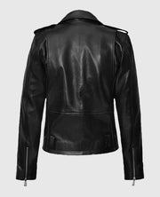 Womens Black Belted Leather Biker Jacket Back View