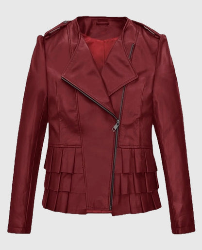 Women's Cherry Red Peplum Leather Jacket