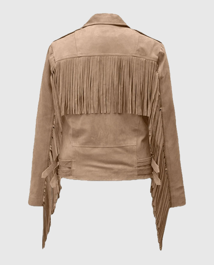 Women's Dusty Beige Suede Leather Fringes Jacket