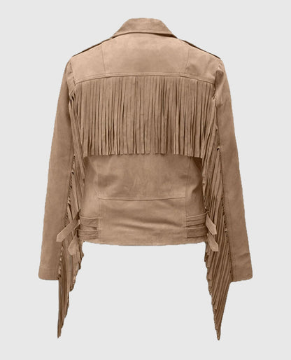 Women's Dusty Beige Suede Leather Fringes Jacket