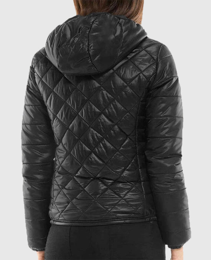 Womens Quilted Black Hooded  Puffer Jacket