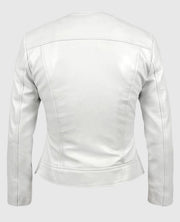 Women's Round Neck Biker White Leather Jacket