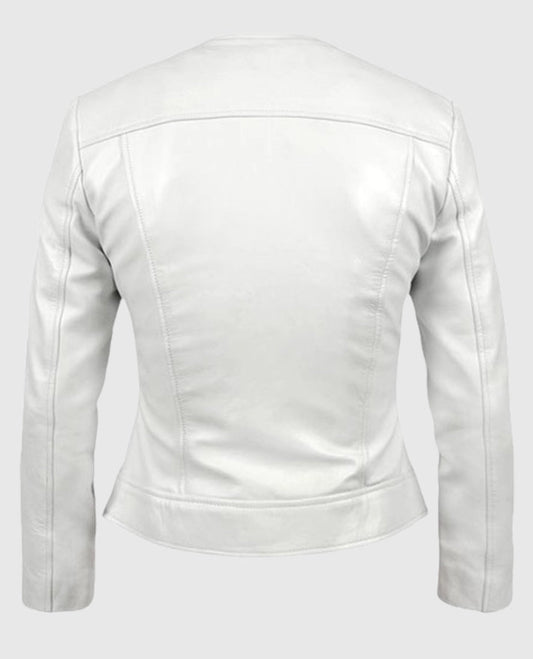 Women's Round Neck Biker White Leather Jacket