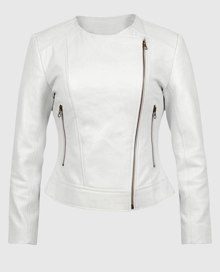 Women's Round Neck White Biker Leather Jacket