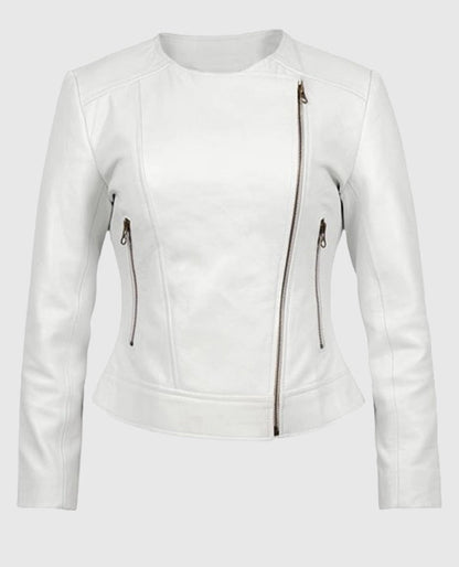 Women's Round Neck White Biker Leather Jacket