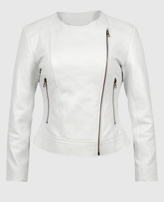 Women's Round Neck White Biker Leather Jacket