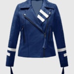 Women's Blue Leather Striped Moto Jacket